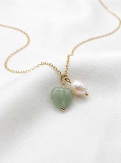 Green Aventurine Heart and Baroque Pearl Necklace