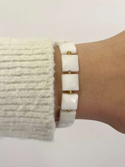 Square White Jade Stretch Bracelet