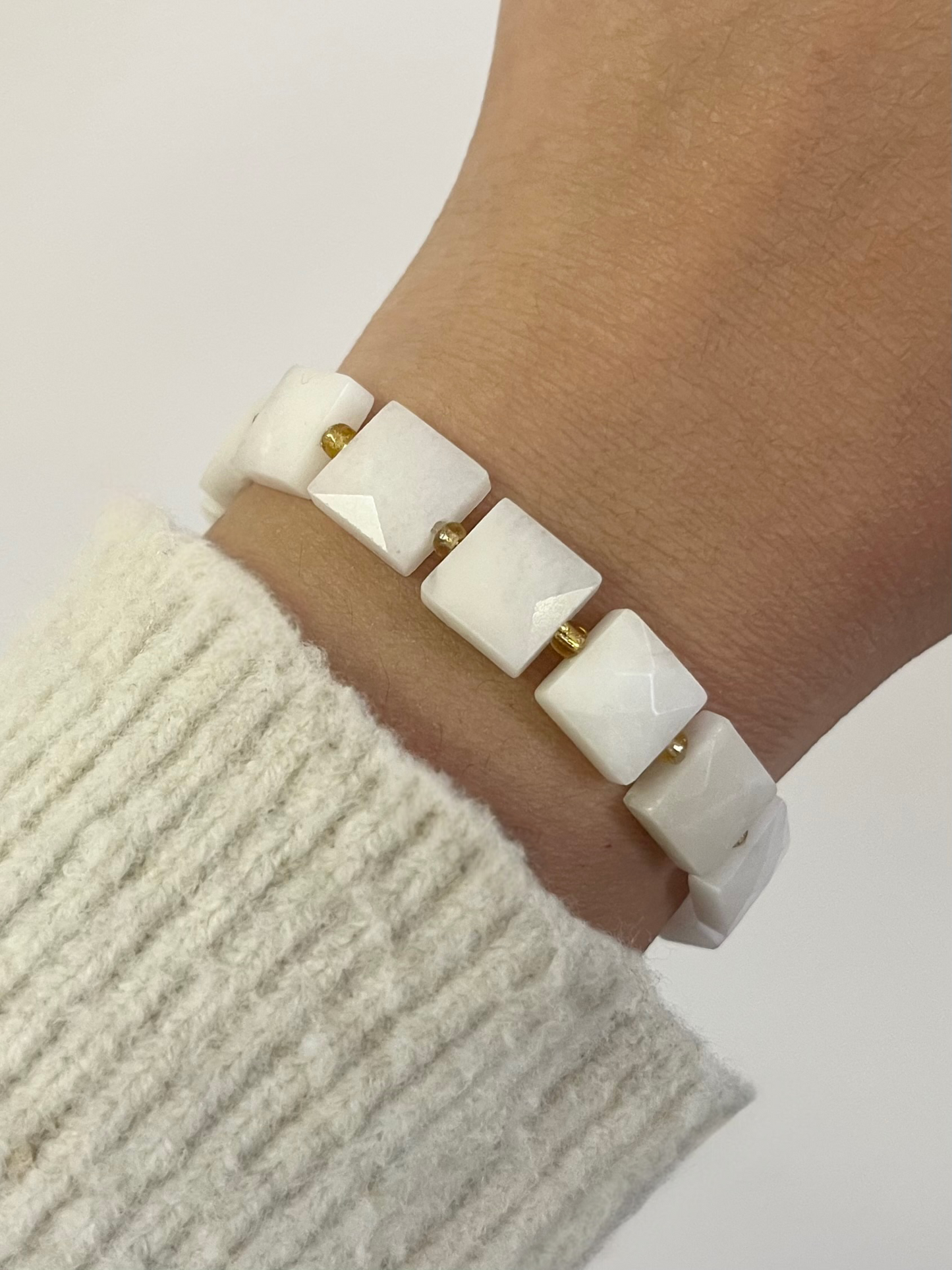 Square White Jade Stretch Bracelet