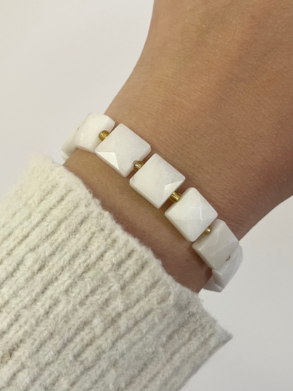 Square White Jade Stretch Bracelet