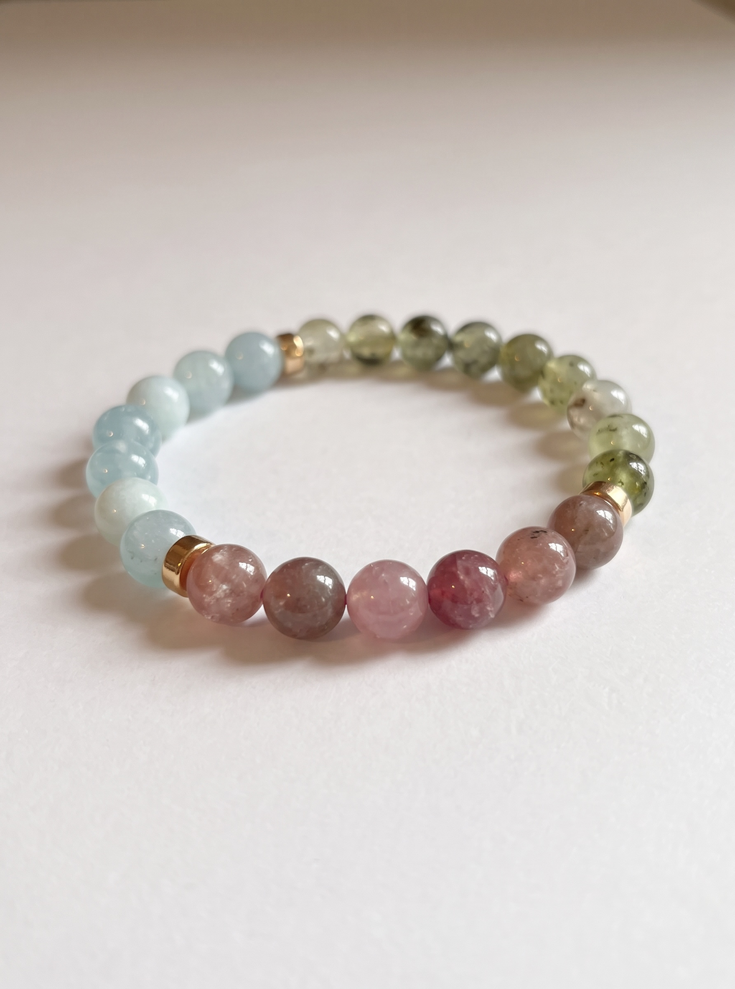 The Pastel Meadow Stretch Bracelet: Aquamarine, Lepidolite, Prehnite + Gold