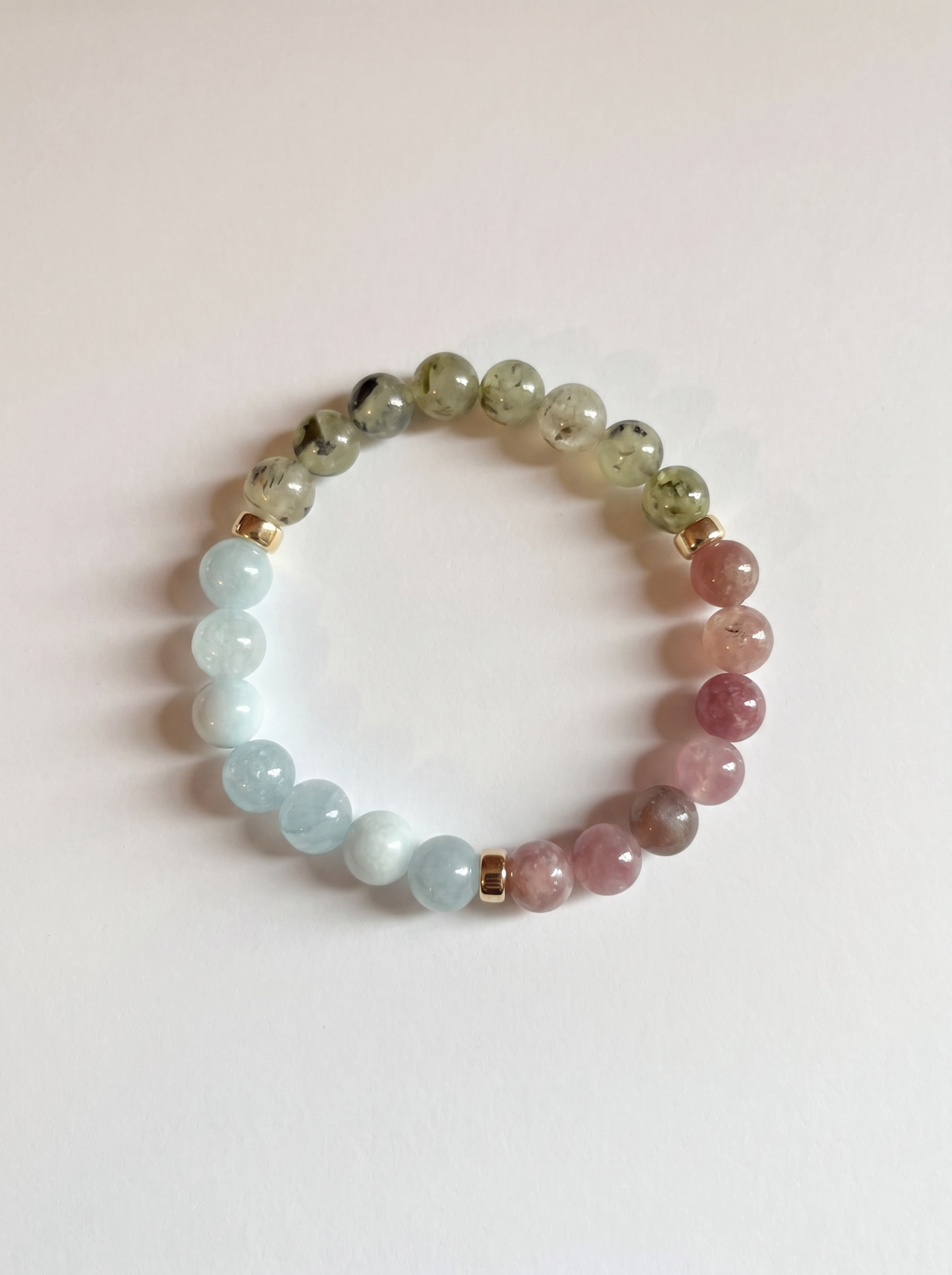 The Pastel Meadow Stretch Bracelet: Aquamarine, Lepidolite, Prehnite + Gold