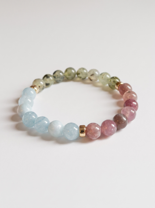 The Pastel Meadow Stretch Bracelet: Aquamarine, Lepidolite, Prehnite + Gold
