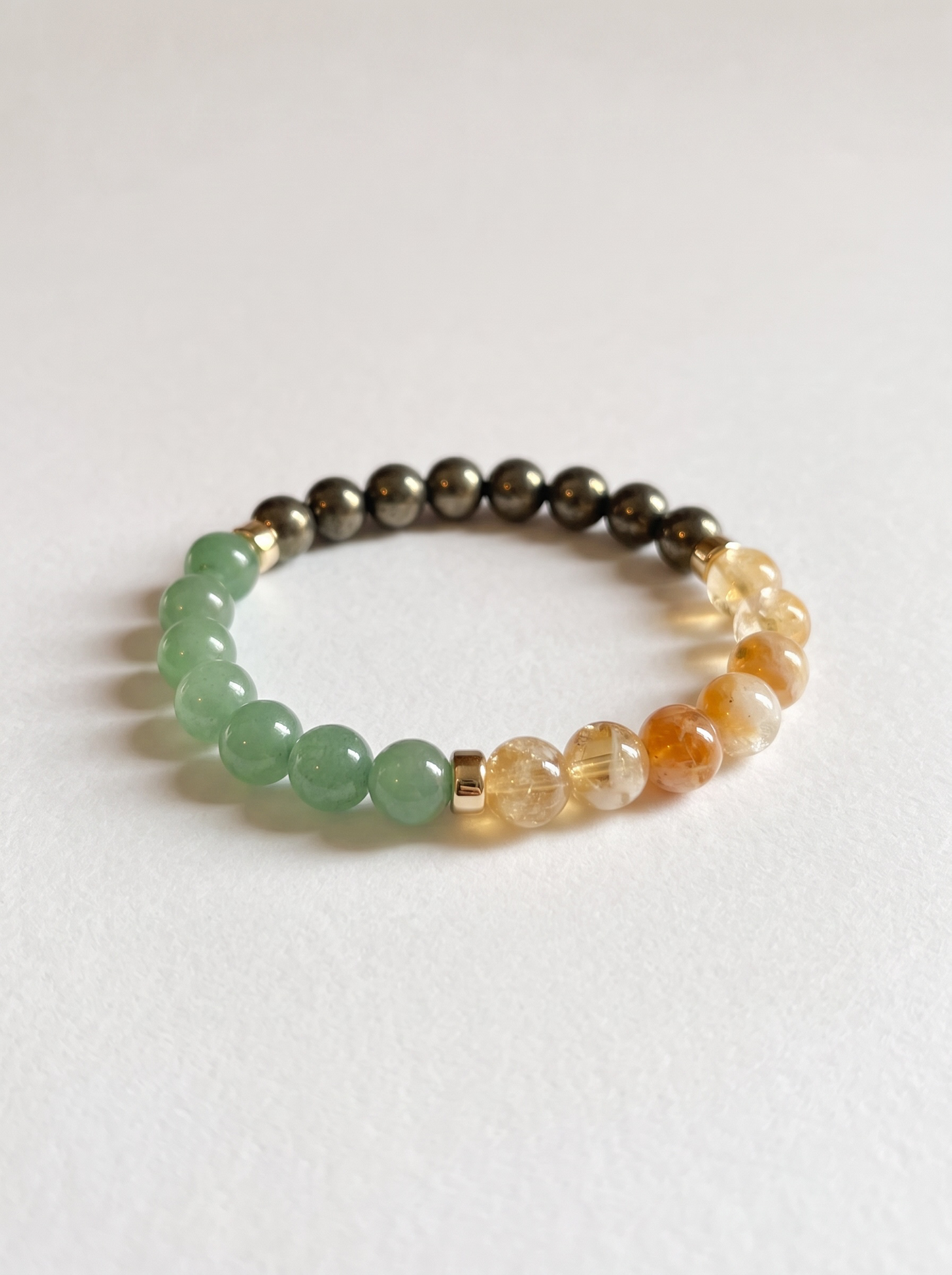 The Abundance and Success Trio Stretch Bracelet: Natural Citrine, Green Aventurine, Pyrite + Gold
