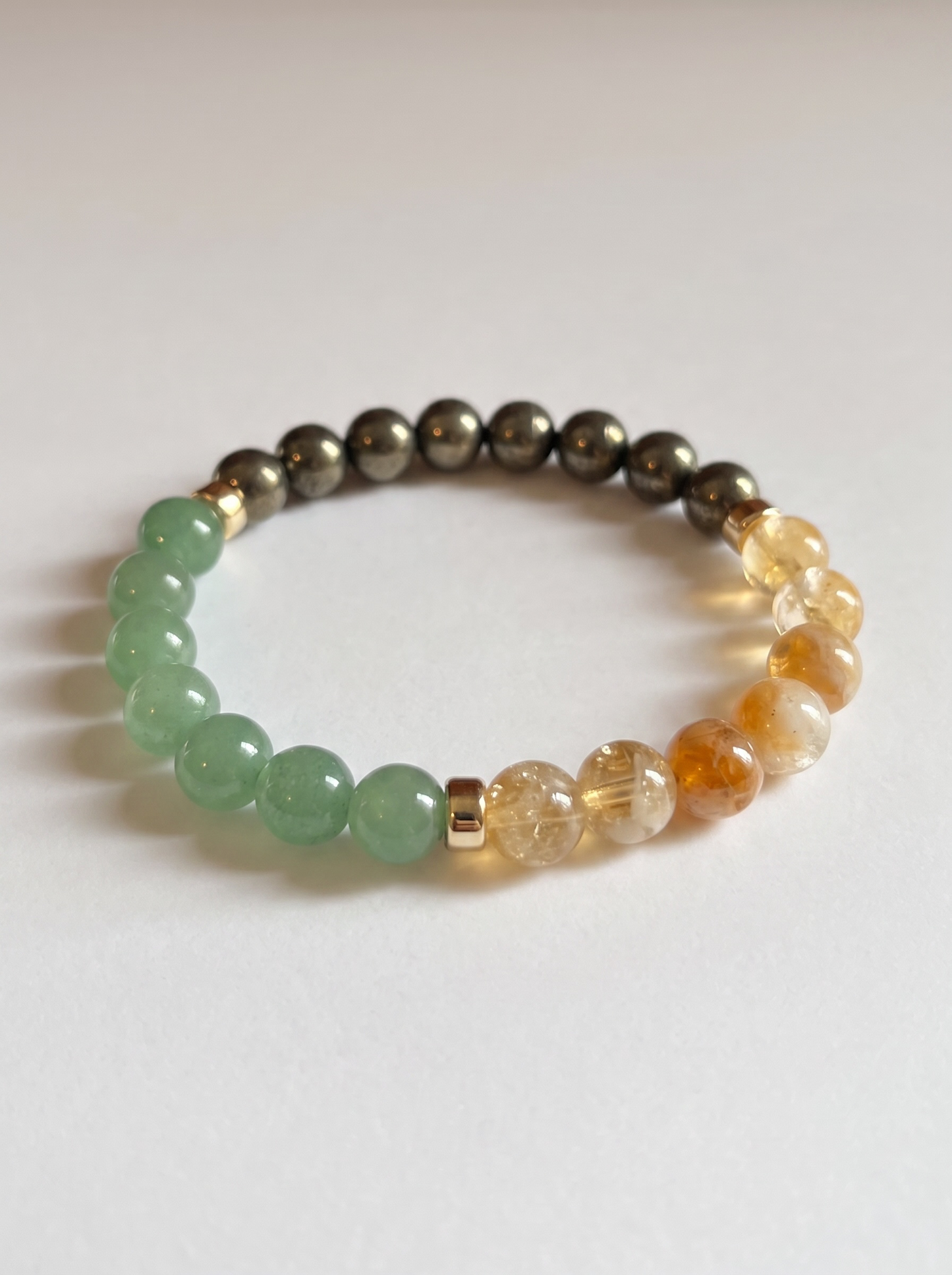 The Abundance and Success Trio Stretch Bracelet: Natural Citrine, Green Aventurine, Pyrite + Gold