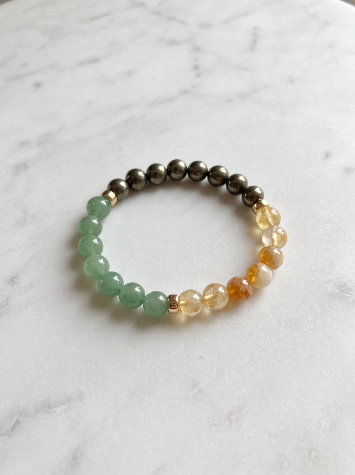 The Abundance and Success Trio Stretch Bracelet: Natural Citrine, Green Aventurine, Pyrite + Gold