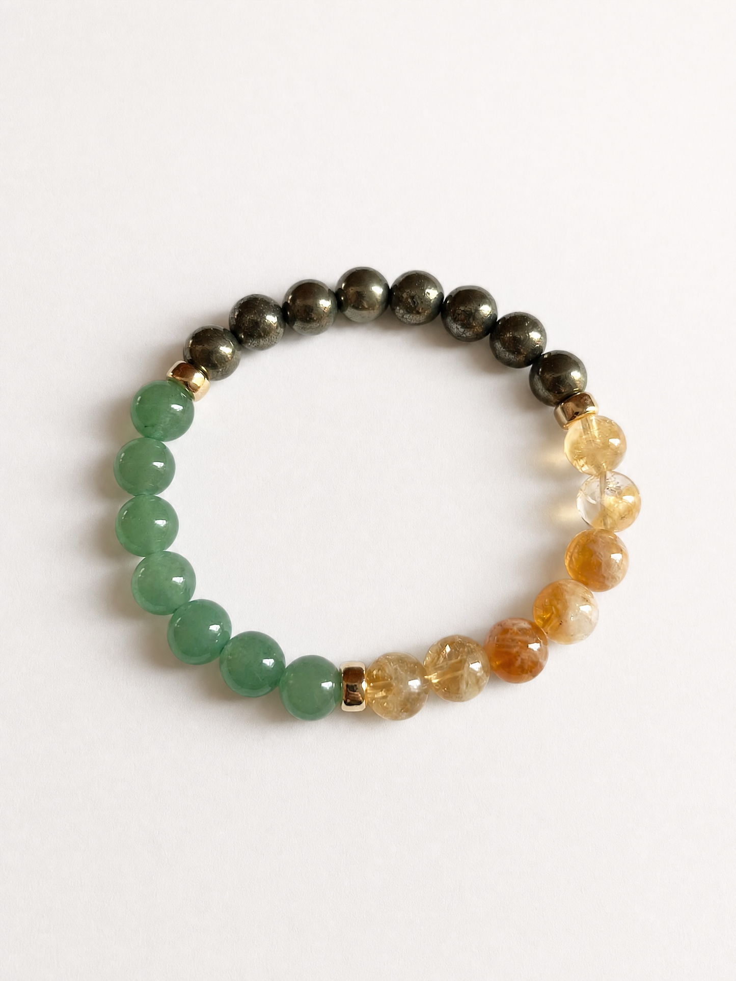 The Abundance and Success Trio Stretch Bracelet: Natural Citrine, Green Aventurine, Pyrite + Gold