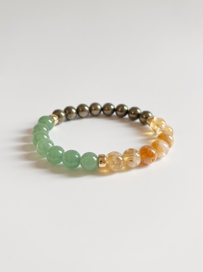 The Abundance and Success Trio Stretch Bracelet: Natural Citrine, Green Aventurine, Pyrite + Gold