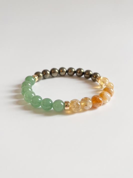 The Abundance and Success Trio Stretch Bracelet: Natural Citrine, Green Aventurine, Pyrite + Gold