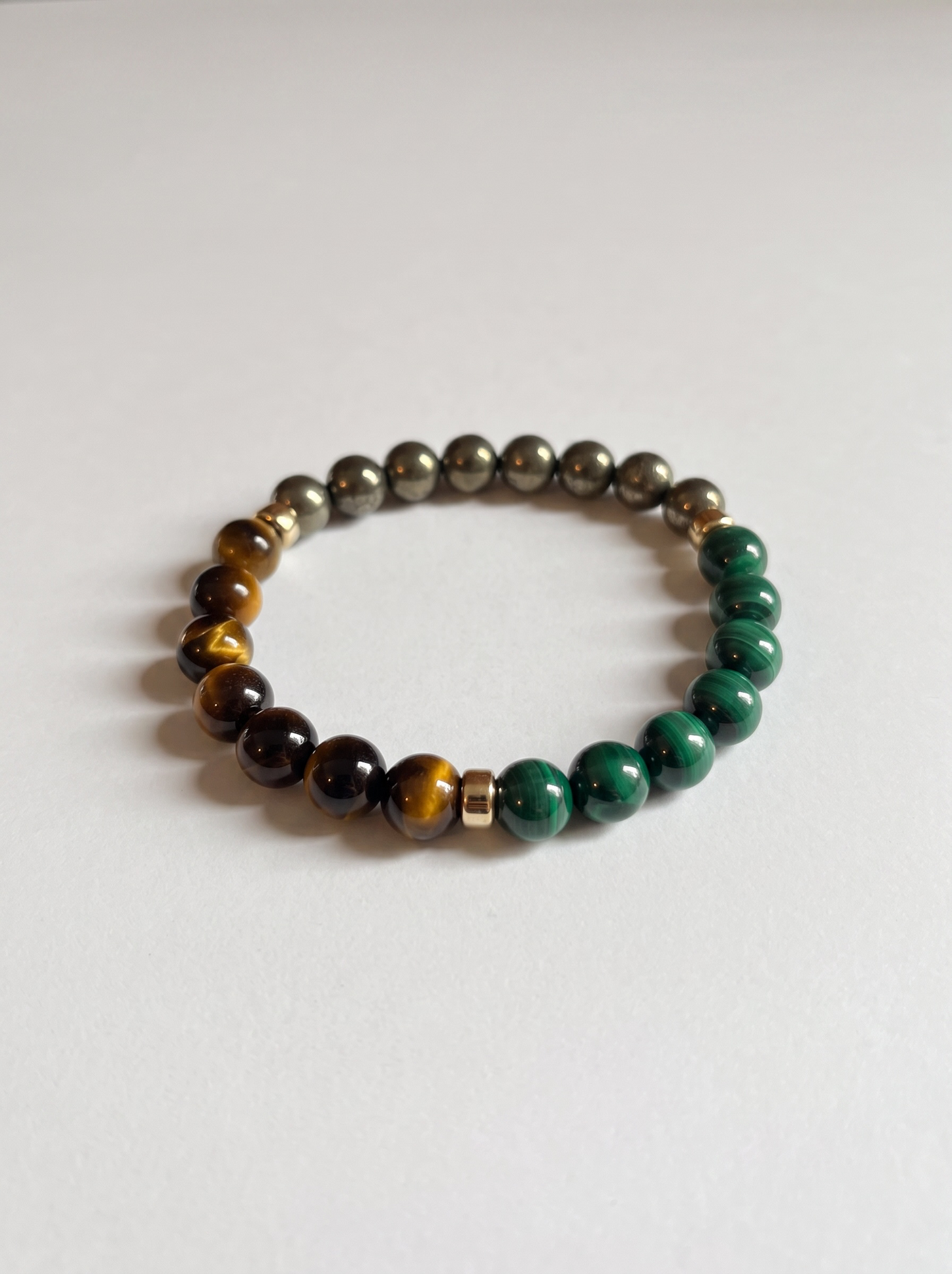 The Bold and Energenic Trio: Natural Malachite, Pyrite and Brown Tiger’s Eye Stretch Bracelet