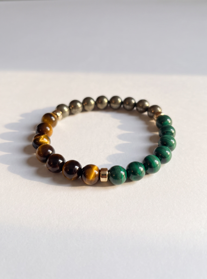 The Bold and Energenic Trio: Natural Malachite, Pyrite and Brown Tiger’s Eye Stretch Bracelet