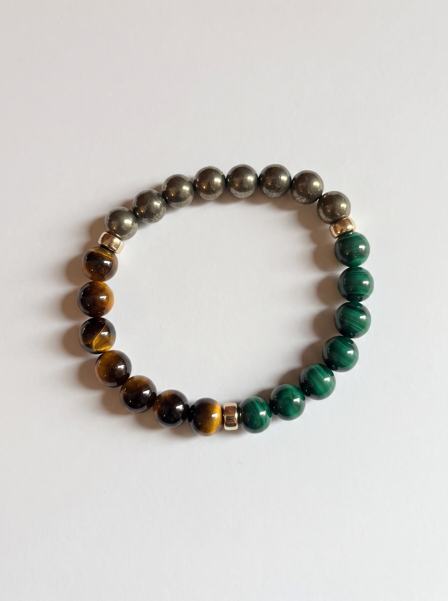 The Bold and Energenic Trio: Natural Malachite, Pyrite and Brown Tiger’s Eye Stretch Bracelet