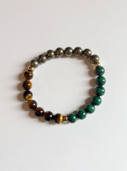 The Bold and Energenic Trio: Natural Malachite, Pyrite and Brown Tiger’s Eye Stretch Bracelet