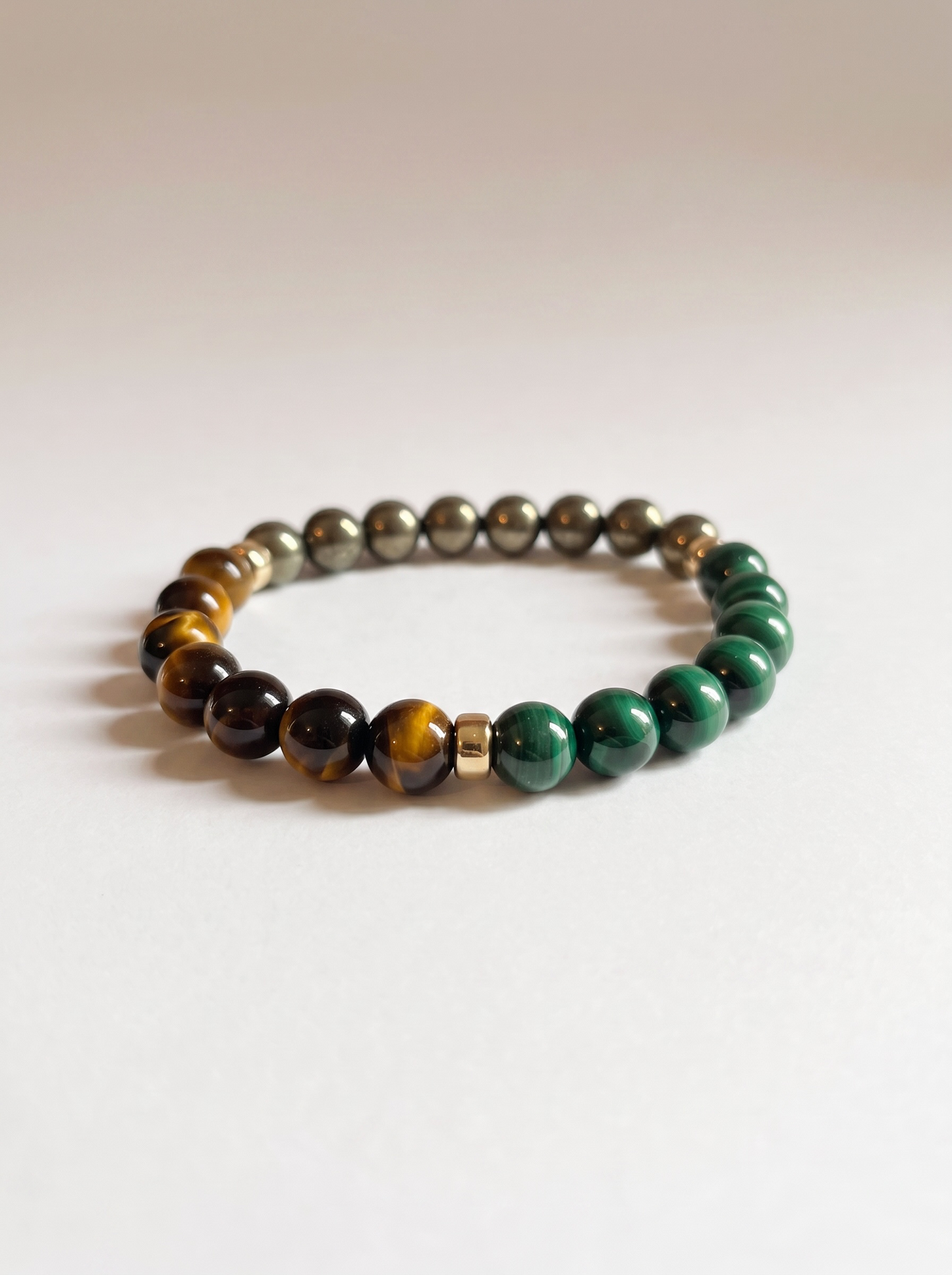 The Bold and Energenic Trio: Natural Malachite, Pyrite and Brown Tiger’s Eye Stretch Bracelet