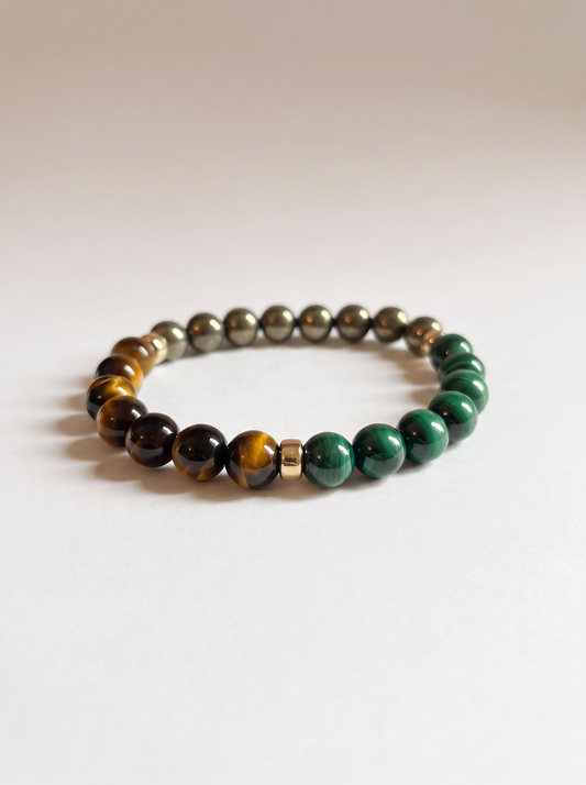 The Bold and Energenic Trio: Natural Malachite, Pyrite and Brown Tiger’s Eye Stretch Bracelet