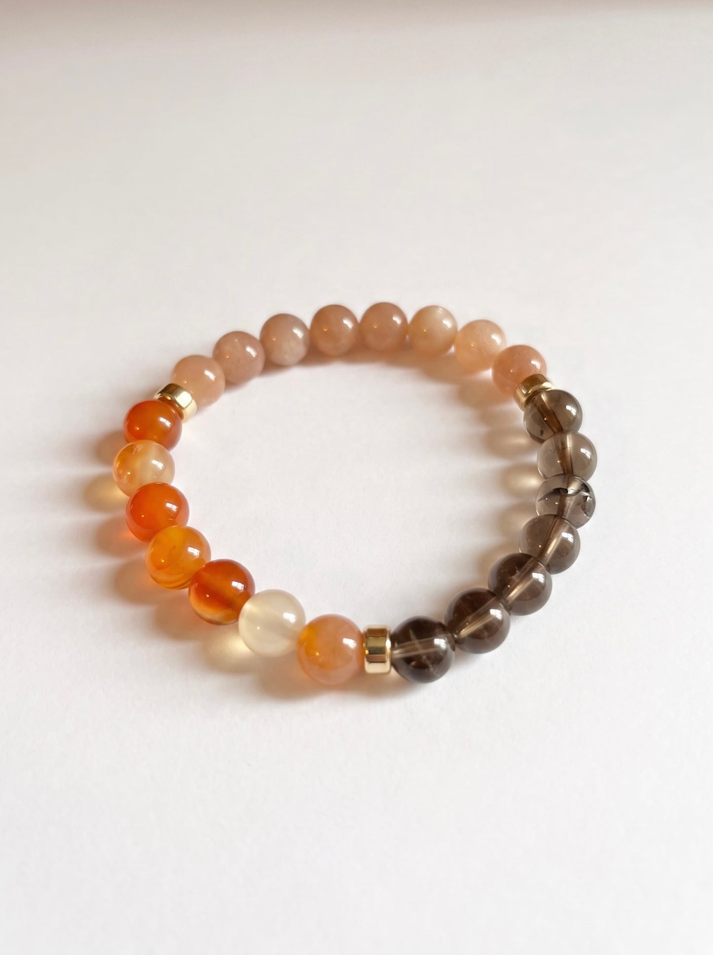The Sunset Harmony Trio: Natural Carnelian, Smoky Quartz, Sunstone Gemstones + Gold