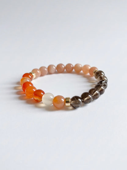 The Sunset Harmony Trio: Natural Carnelian, Smoky Quartz, Sunstone Gemstones + Gold