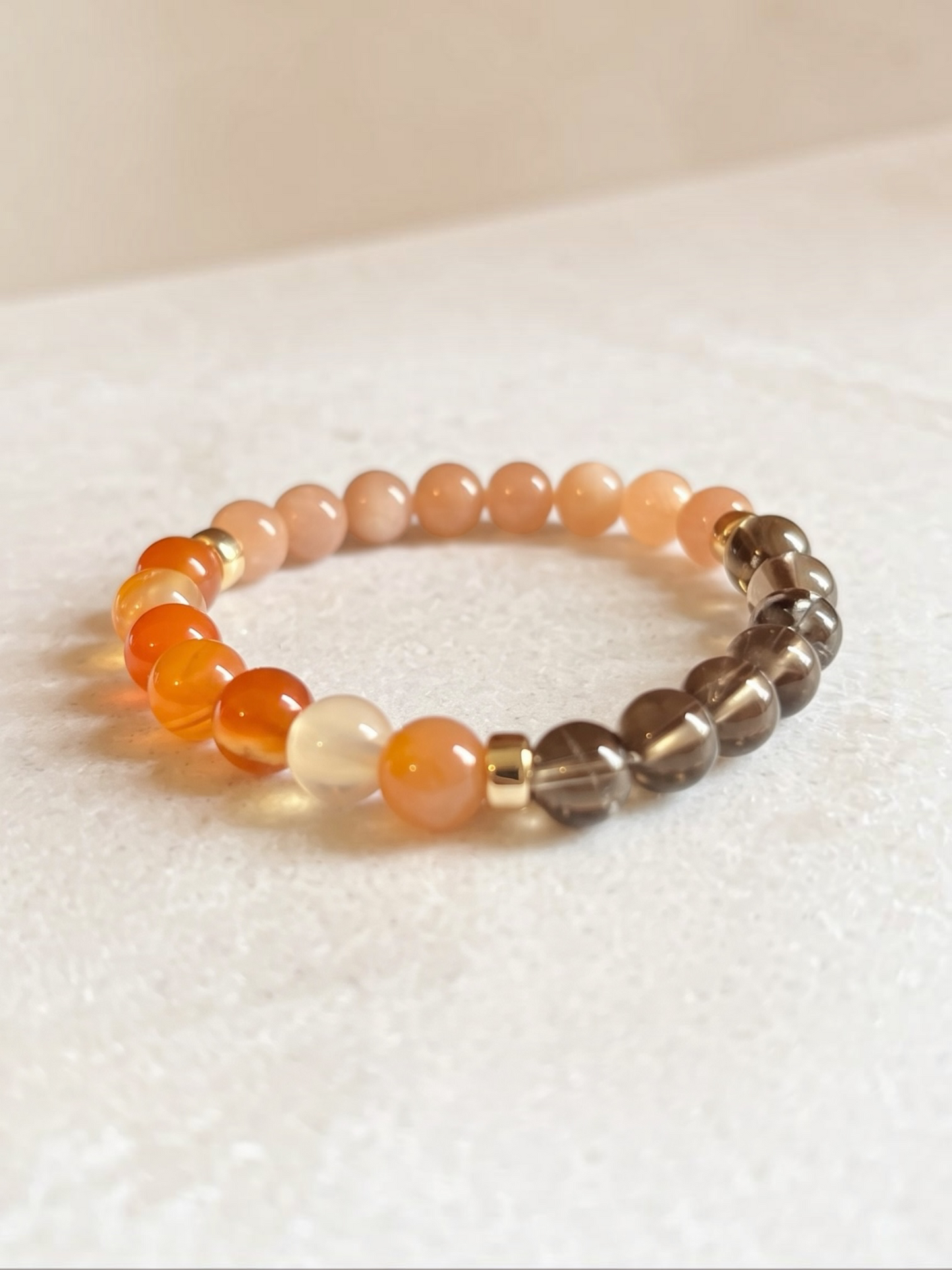 The Sunset Harmony Trio: Natural Carnelian, Smoky Quartz, Sunstone Gemstones + Gold