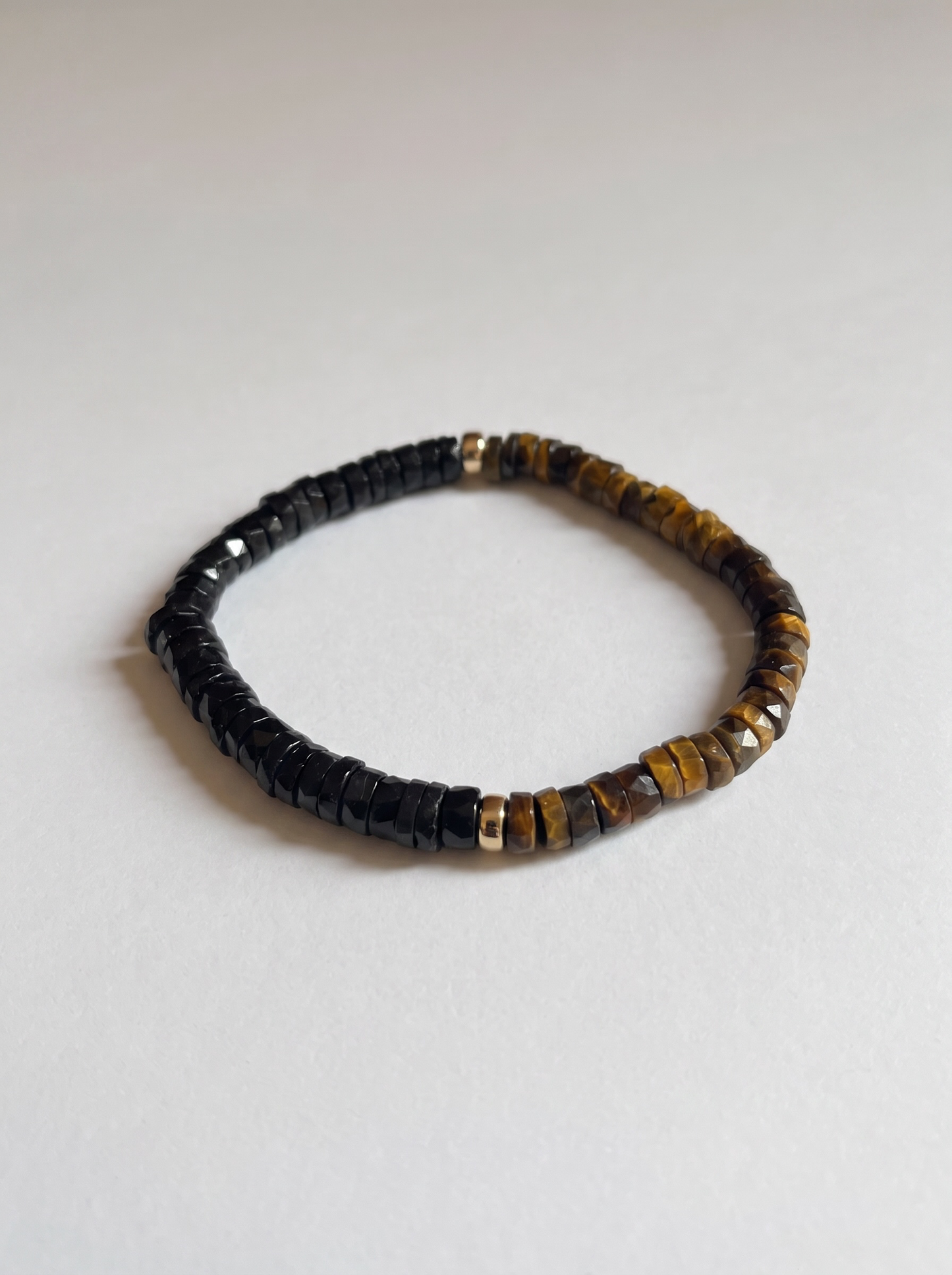 Faceted Brown Tigers Eye + Onyx Heishi Stretch Bracelet