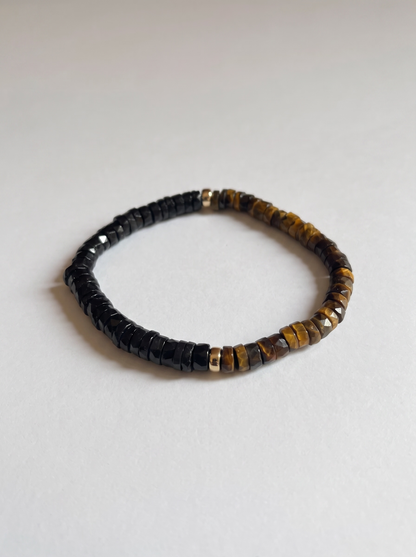 Faceted Brown Tigers Eye + Onyx Heishi Stretch Bracelet