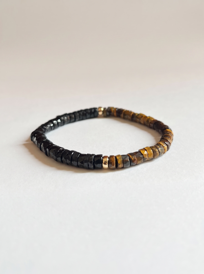 Faceted Brown Tigers Eye + Onyx Heishi Stretch Bracelet