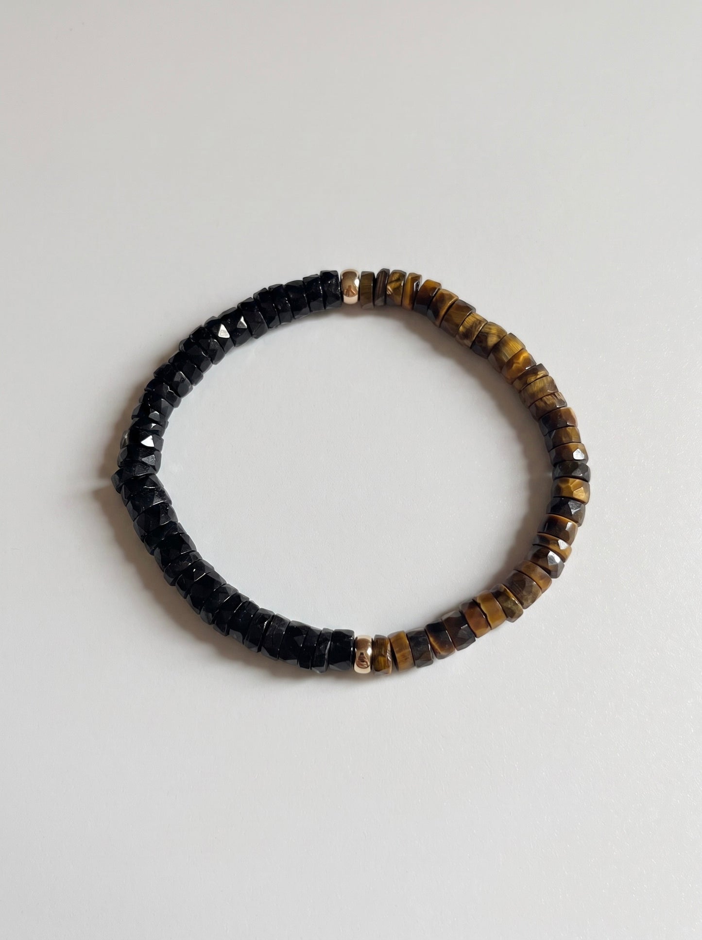 Faceted Brown Tigers Eye + Onyx Heishi Stretch Bracelet