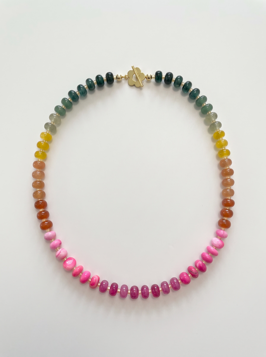 Vibrant Ombre Rainbow Agate Necklace with Flower Toggle Clasp