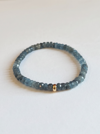 Faceted Aquamarine Heishi Stretch Bracelet with Gold or Silver