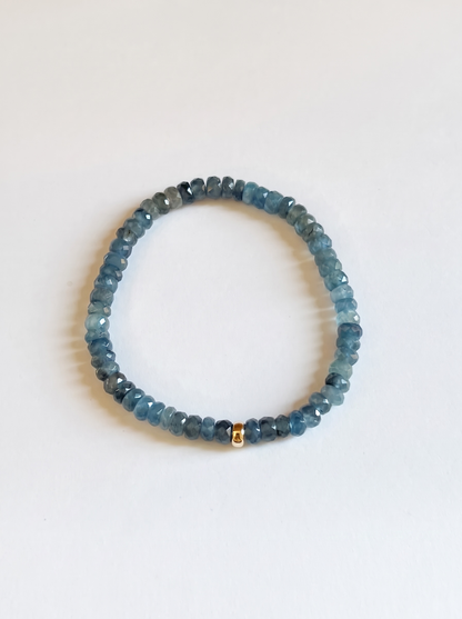 Faceted Aquamarine Heishi Stretch Bracelet with Gold or Silver