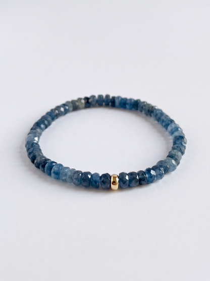 Faceted Aquamarine Heishi Stretch Bracelet with Gold or Silver