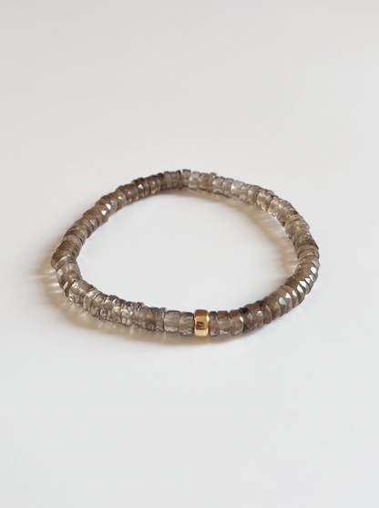 Faceted Smoky Quartz Heishi Stretch Bracelet with Gold or Silver