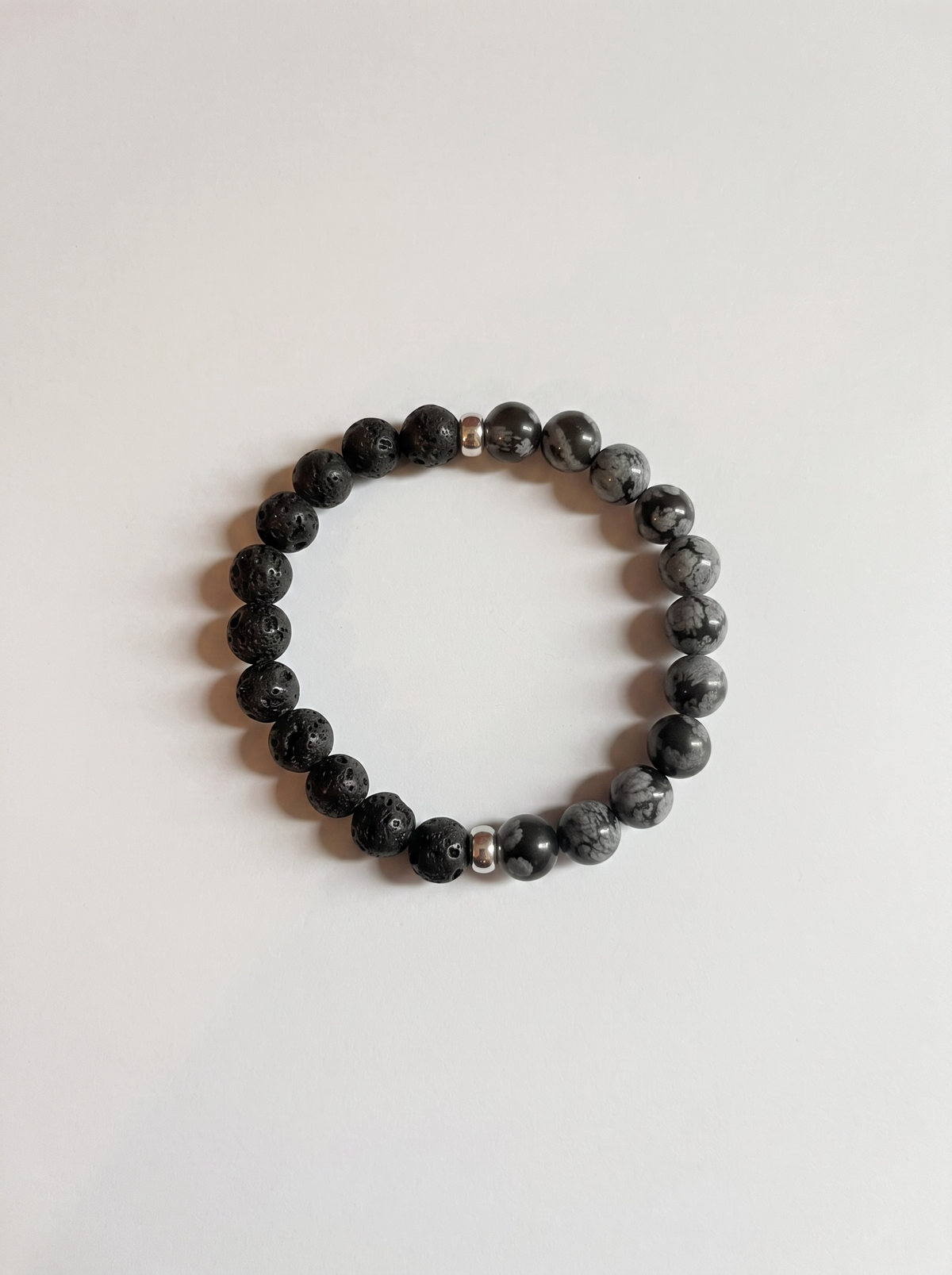 Lava + Snowflake Obsidian Stretch Bracelet with Gold or Silver
