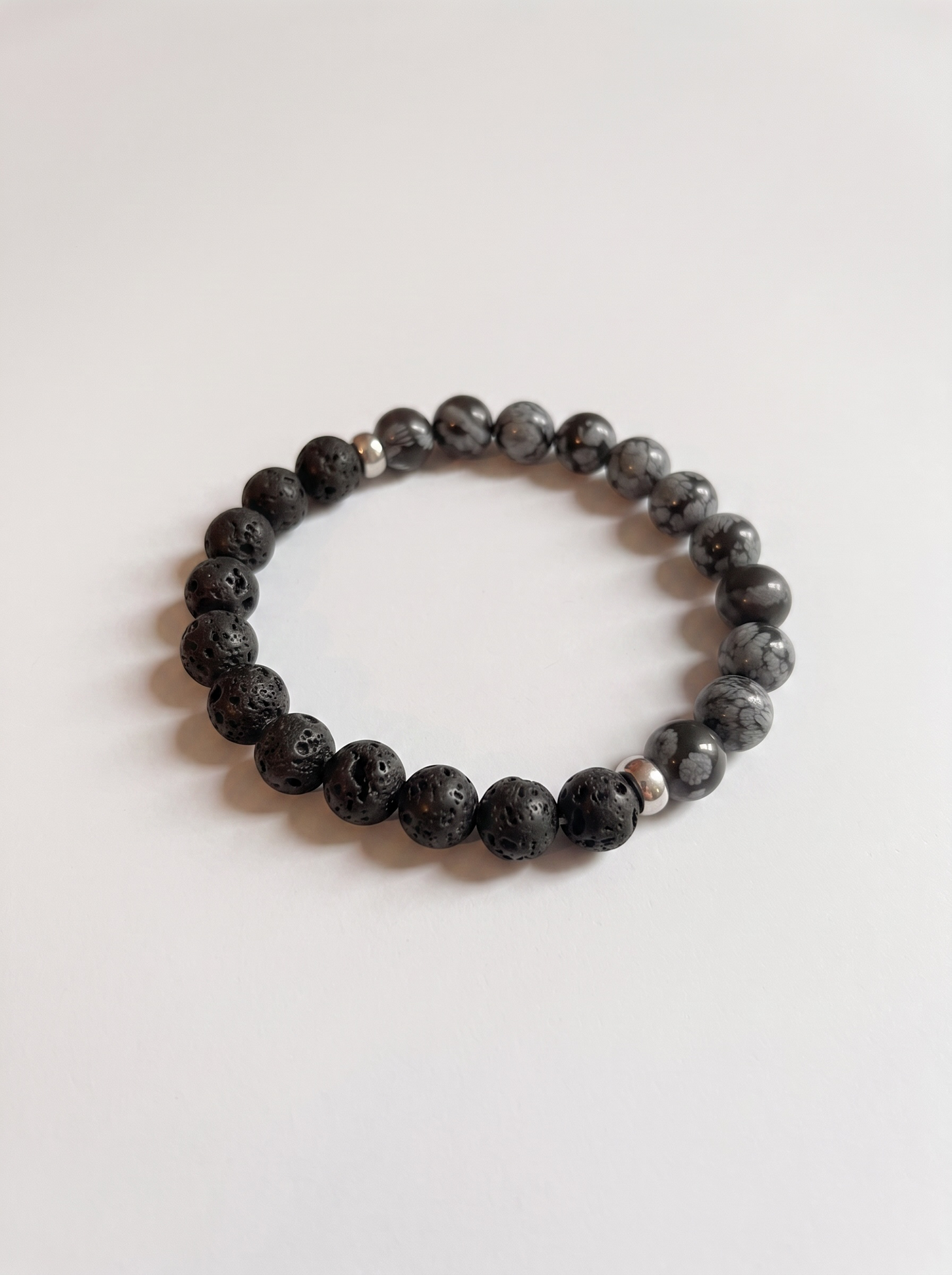 Lava + Snowflake Obsidian Stretch Bracelet with Gold or Silver