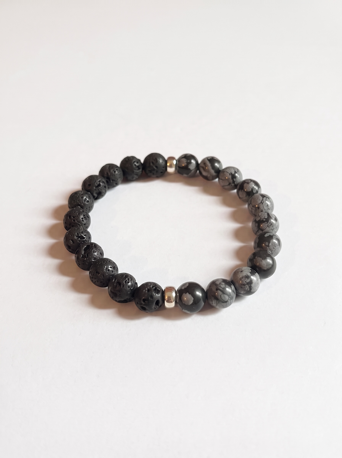 Lava + Snowflake Obsidian Stretch Bracelet with Gold or Silver