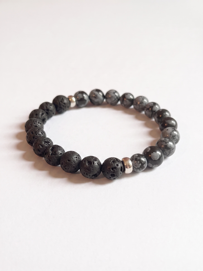 Lava + Snowflake Obsidian Stretch Bracelet with Gold or Silver