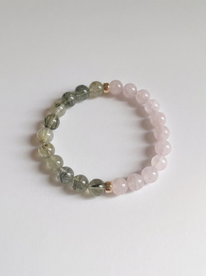 Prehnite + Rose Quartz Stretch Bracelet with Gold or Silver