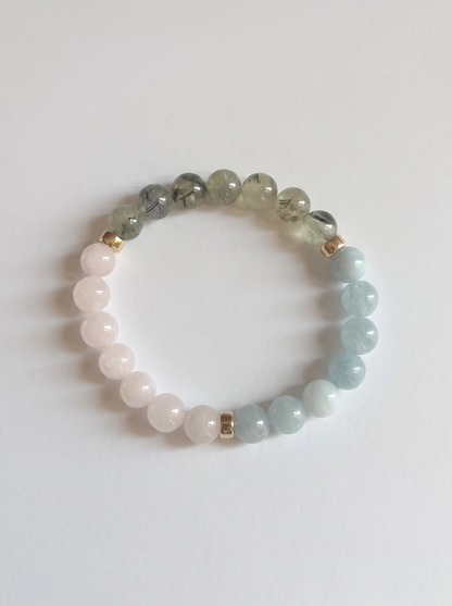 Blossom Stretch Bracelet: Aquamarine, Prehnite, Rose Quartz
