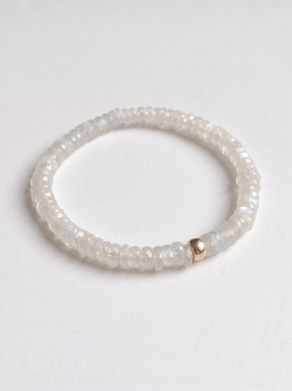 Faceted Rainbow Moonstone Heishi Stretch Bracelet with Gold or Silver