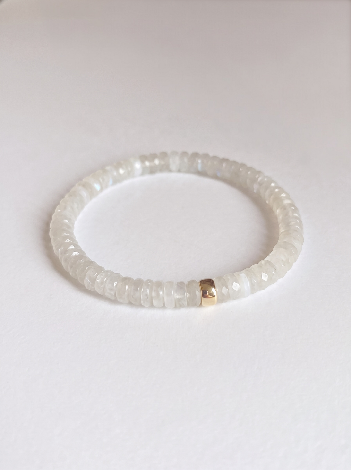 Faceted Rainbow Moonstone Heishi Stretch Bracelet with Gold or Silver