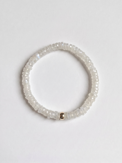 Faceted Rainbow Moonstone Heishi Stretch Bracelet with Gold or Silver