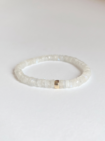 Faceted Rainbow Moonstone Heishi Stretch Bracelet with Gold or Silver