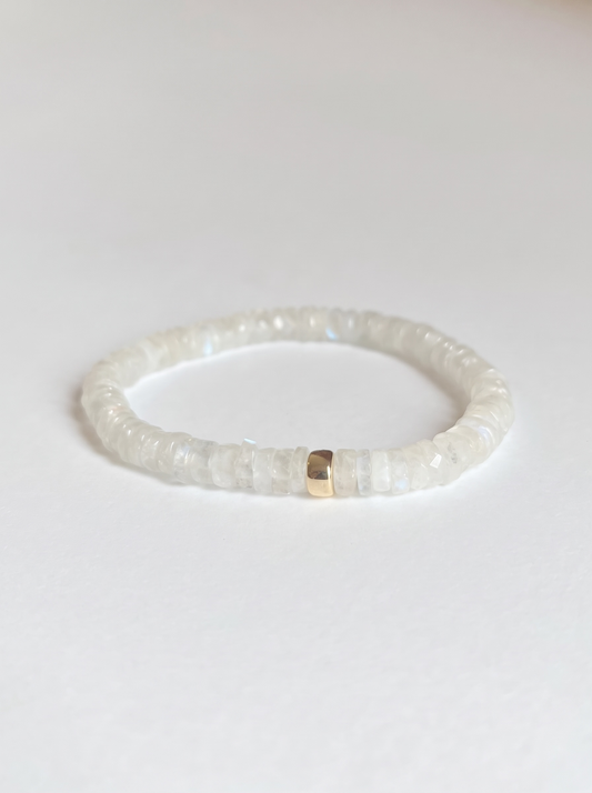 Faceted Rainbow Moonstone Heishi Stretch Bracelet with Gold or Silver