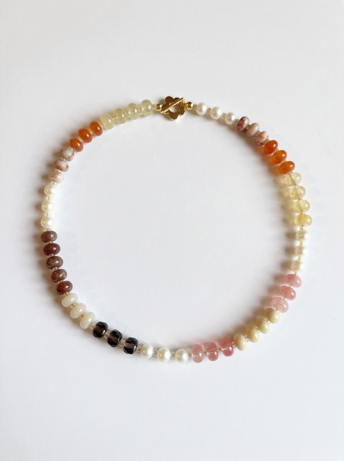 Sunset Necklace, Colourful Mixed Beaded Necklace with Flower Toggle Clasp