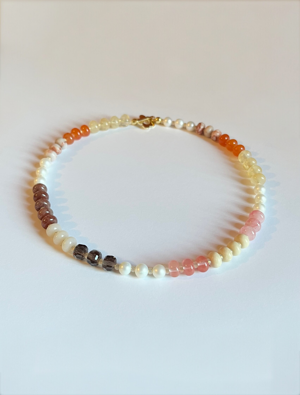 Sunset Necklace, Colourful Mixed Beaded Necklace with Flower Toggle Clasp