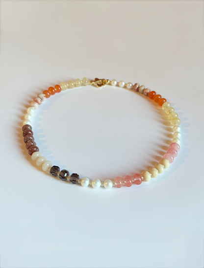 Sunset Necklace, Colourful Mixed Beaded Necklace with Flower Toggle Clasp