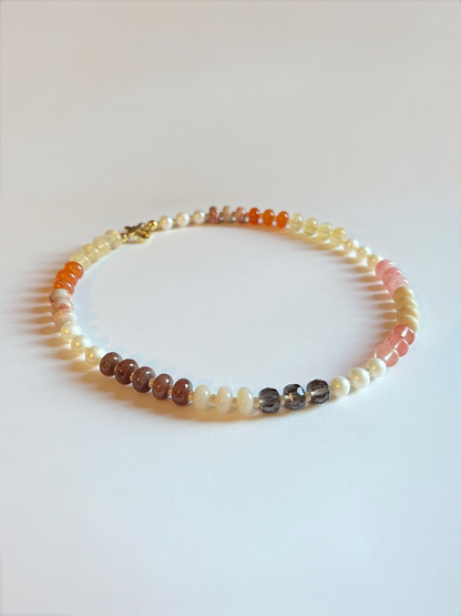 Sunset Necklace, Colourful Mixed Beaded Necklace with Flower Toggle Clasp
