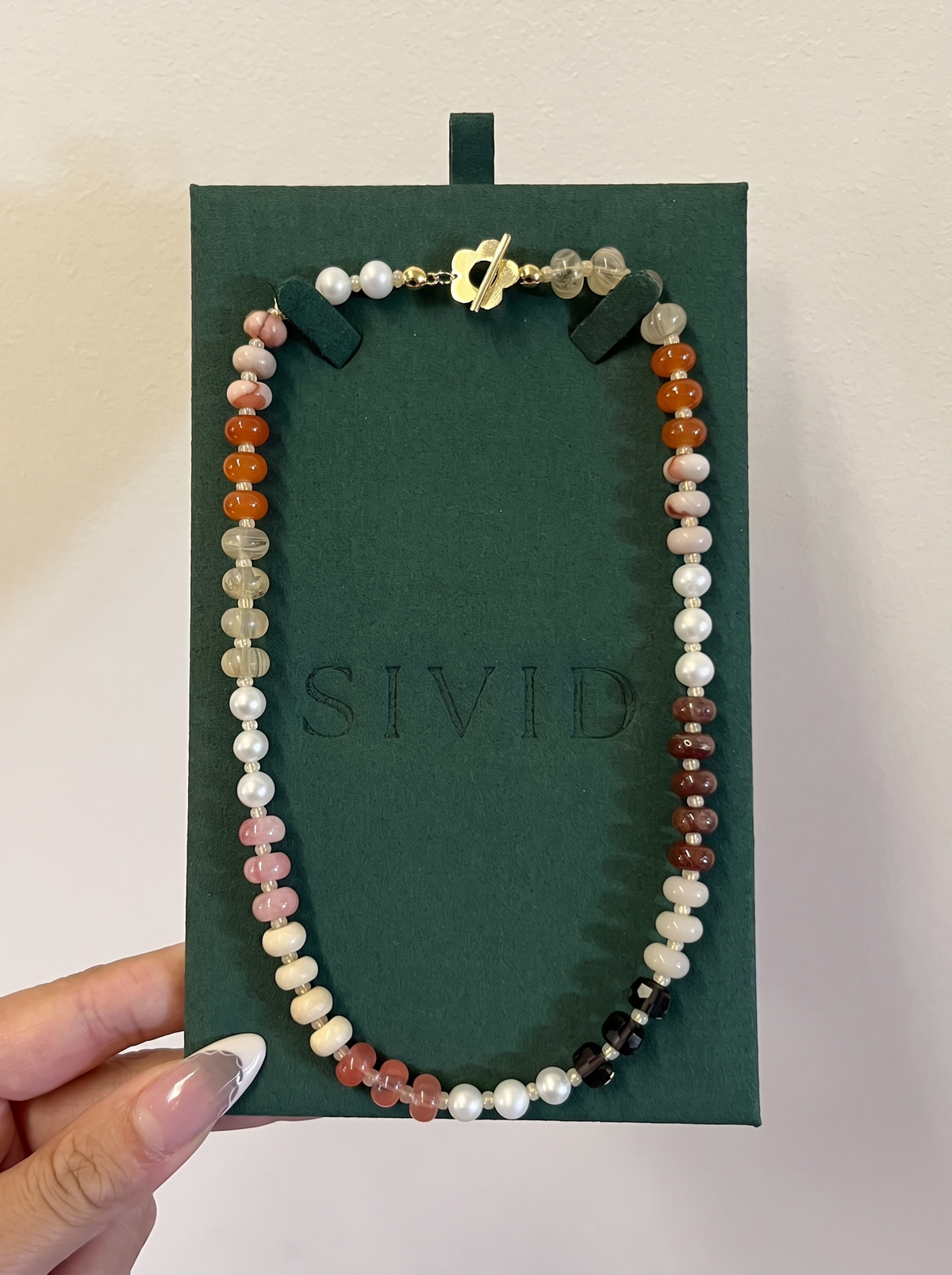 Sunset Necklace, Colourful Mixed Beaded Necklace with Flower Toggle Clasp