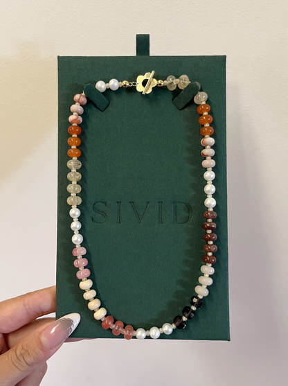 Sunset Necklace, Colourful Mixed Beaded Necklace with Flower Toggle Clasp