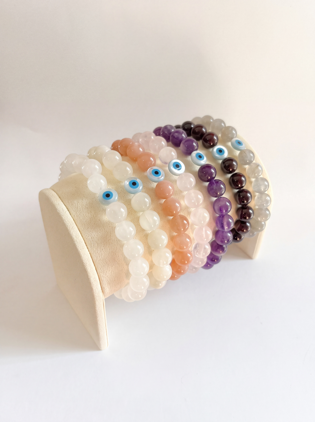 Gemstone + Mother of Pearl Evil Eye Stretch Bracelet