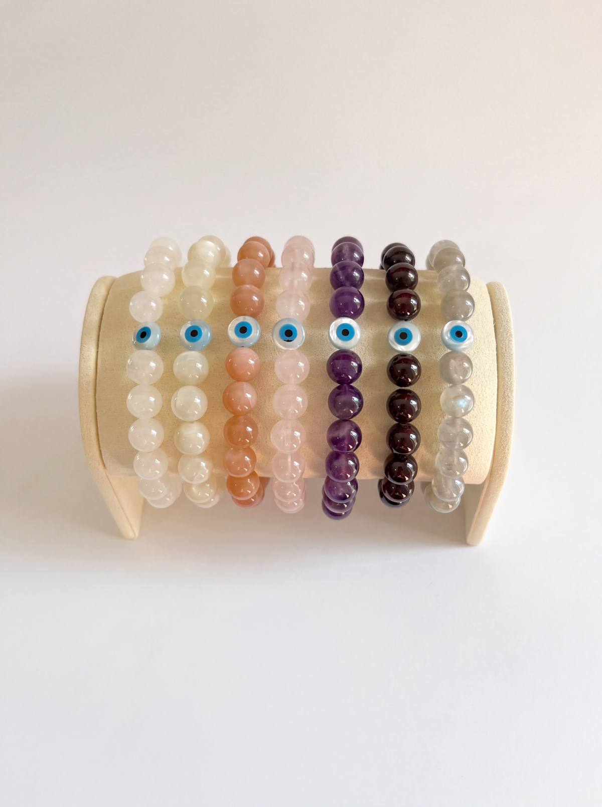 Gemstone + Mother of Pearl Evil Eye Stretch Bracelet